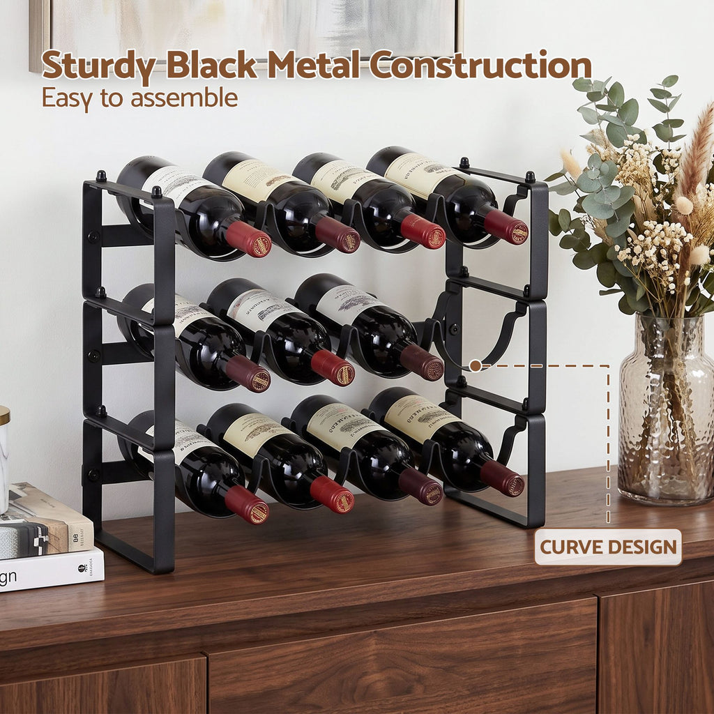 Artiss 12 Bottle Metal Wine Rack | 3 Tier Black – wine storage and bottle display