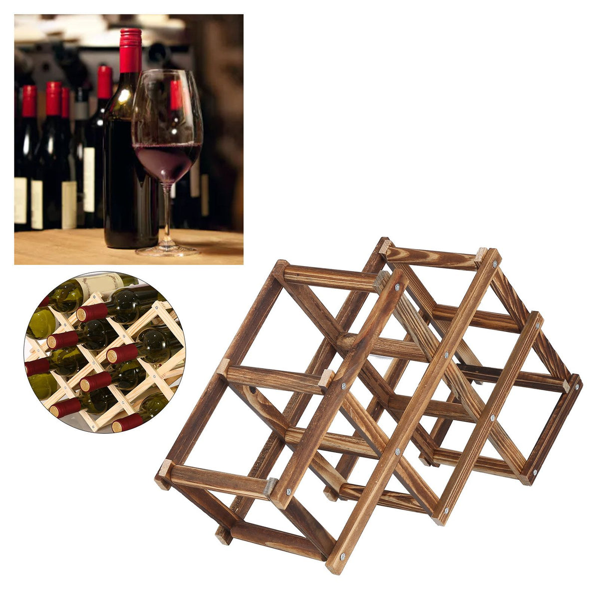 6 Bottle Foldable Pine Wine Rack | Roasted Finish – wine storage and bottle display