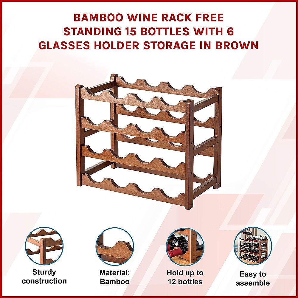 15 Bottle Bamboo Wine Rack with 6 Glass Holder – wine storage and bottle display