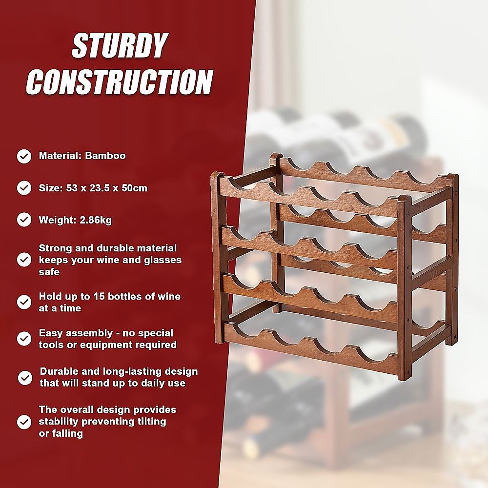 15 Bottle Bamboo Wine Rack with 6 Glass Holder – wine storage and bottle display