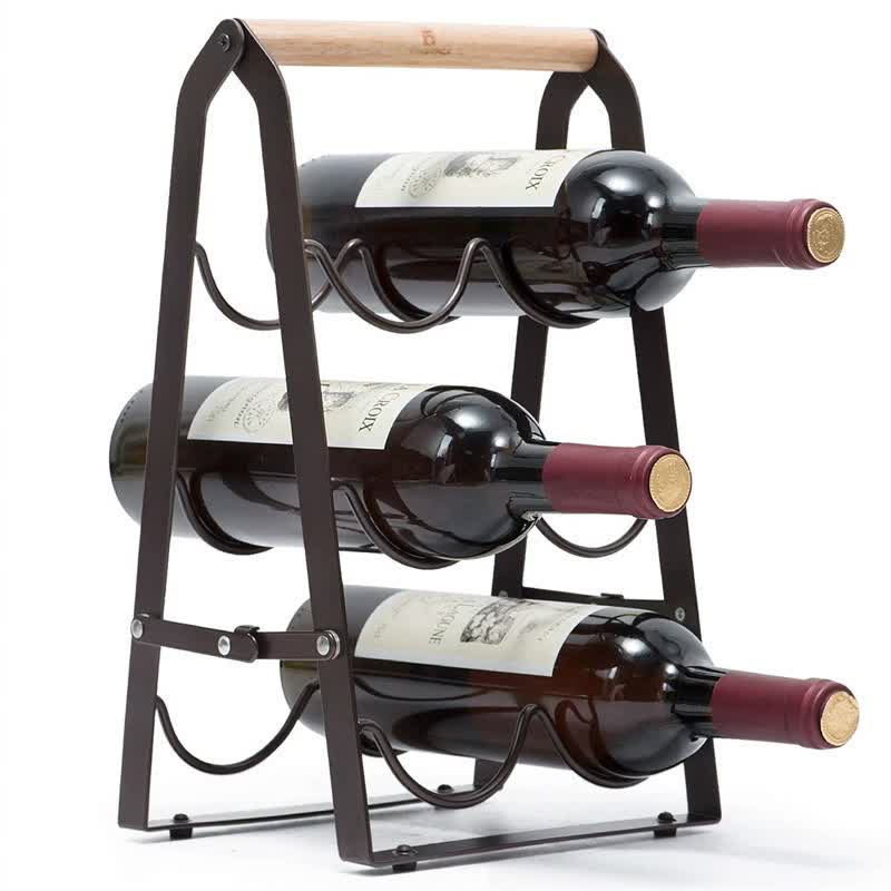 6 Bottle Folding Metal Wine Rack with Timber Handle – wine storage and bottle display