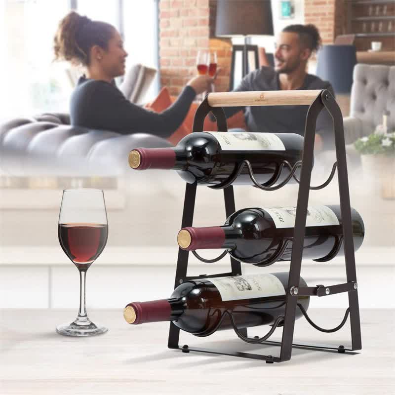 6 Bottle Folding Metal Wine Rack with Timber Handle – wine storage and bottle display